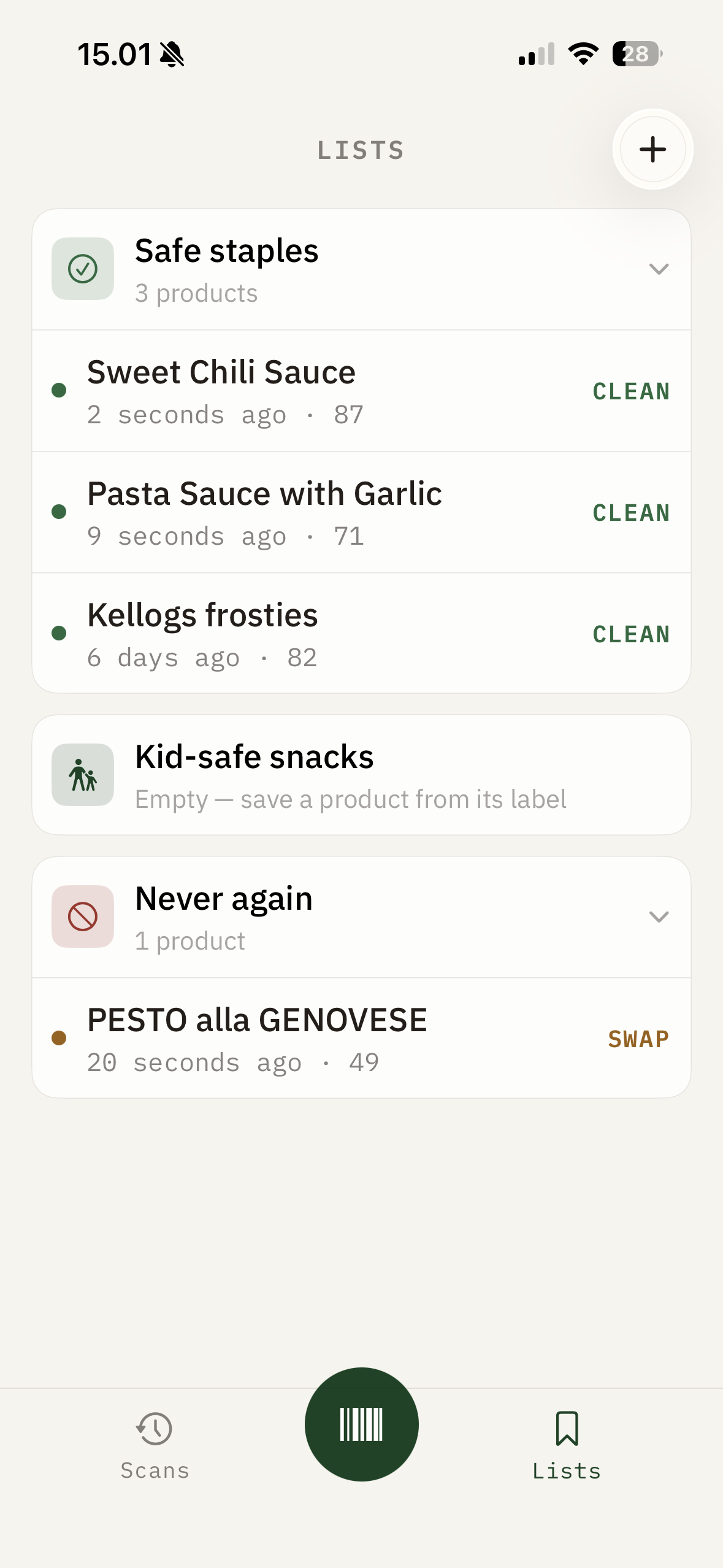 Lists screen with safe staples, kid-safe snacks and never again lists